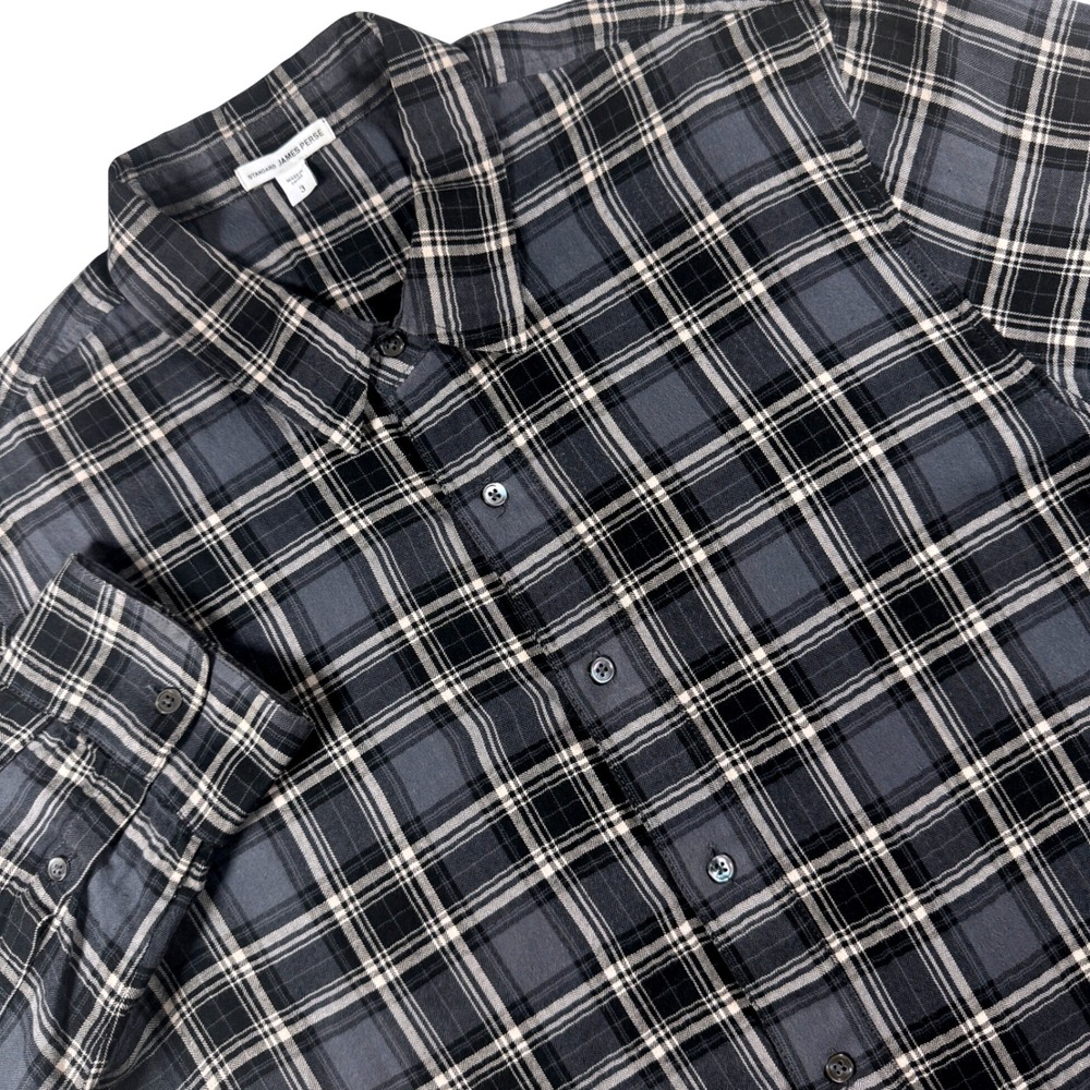 James Perse Plaid Button Up Shirt Mens 3 Large Grey Black Long Sleeve Cotton
